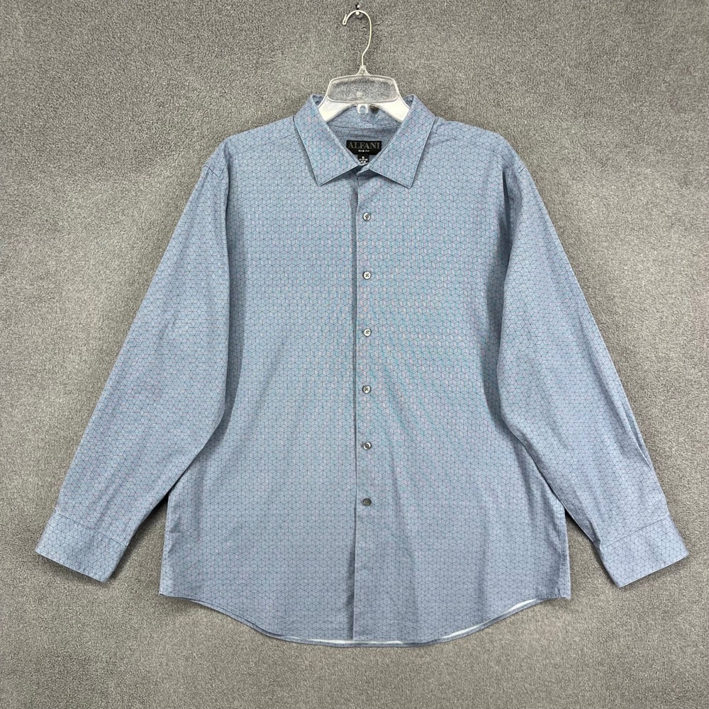Alfani Dress Shirt Men XL Blue Geometric Cube Print Slim Fit Long Sleeve Stretch